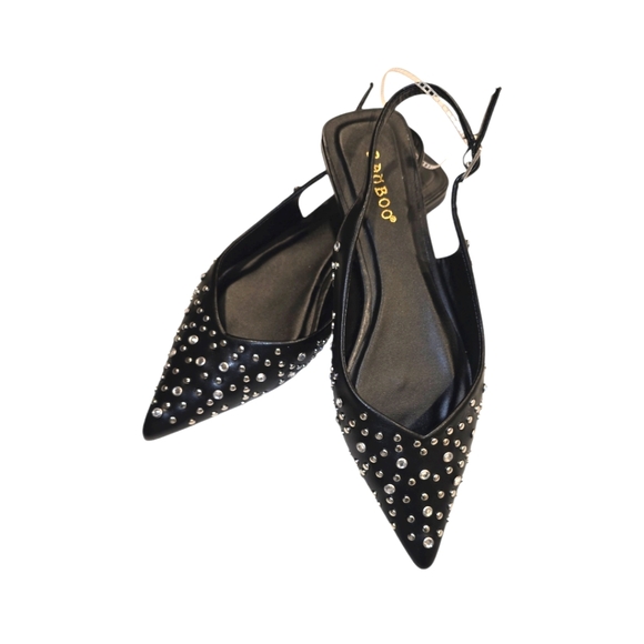 BAMBOO Shoes - Rhinestone and Silver Studded Slingback Pointed Toe Black Flats